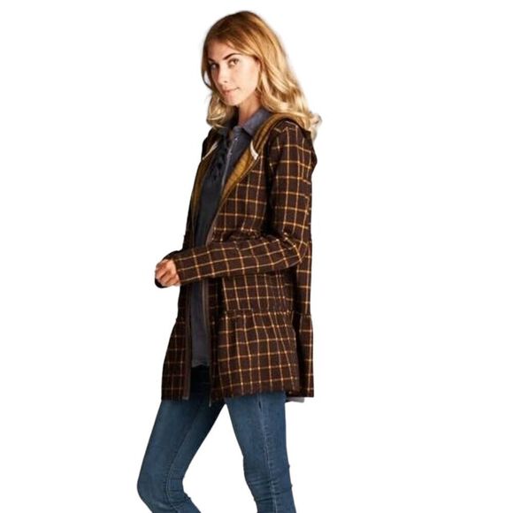 Oddy Plaid Ruffle Zip Up Jacket Chestnut Brown / Gold Windowpane Size Small - Picture 3 of 15